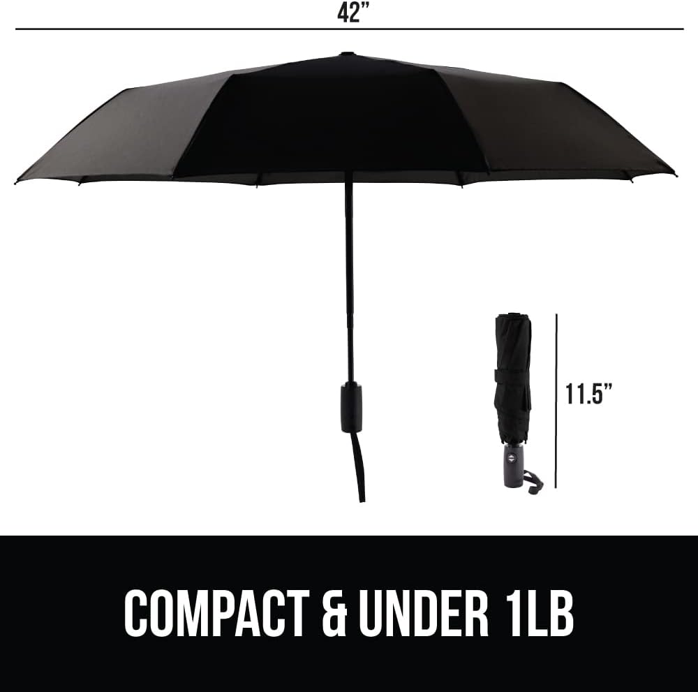GORILLA GRIP Strong Stick Umbrella for Rain, Compact Travel One-Click Automatic Open Close, Lightweight Portable US Designed Reinforced Fiberglass Ribs, Wind Resistant Easy Collapse Black Gray 2 Pack