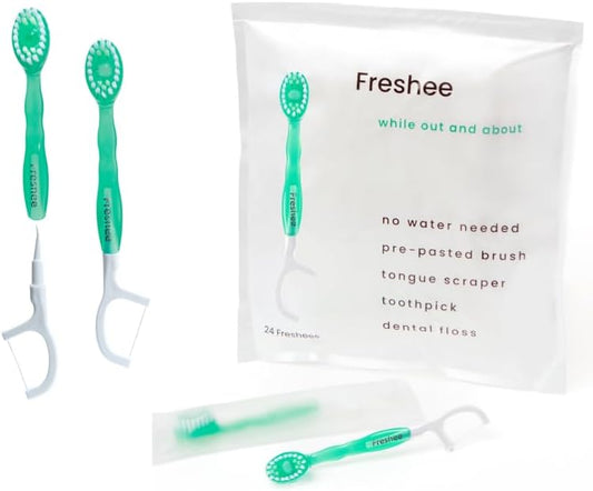 Freshee Bead -5 in 1 Disposable Mini Toothbrush with Refreshing Bead + Floss + Pick + Tongue Scraper | Travel Size | Individually Wrapped | Soft | Extra Minty | Travel Set