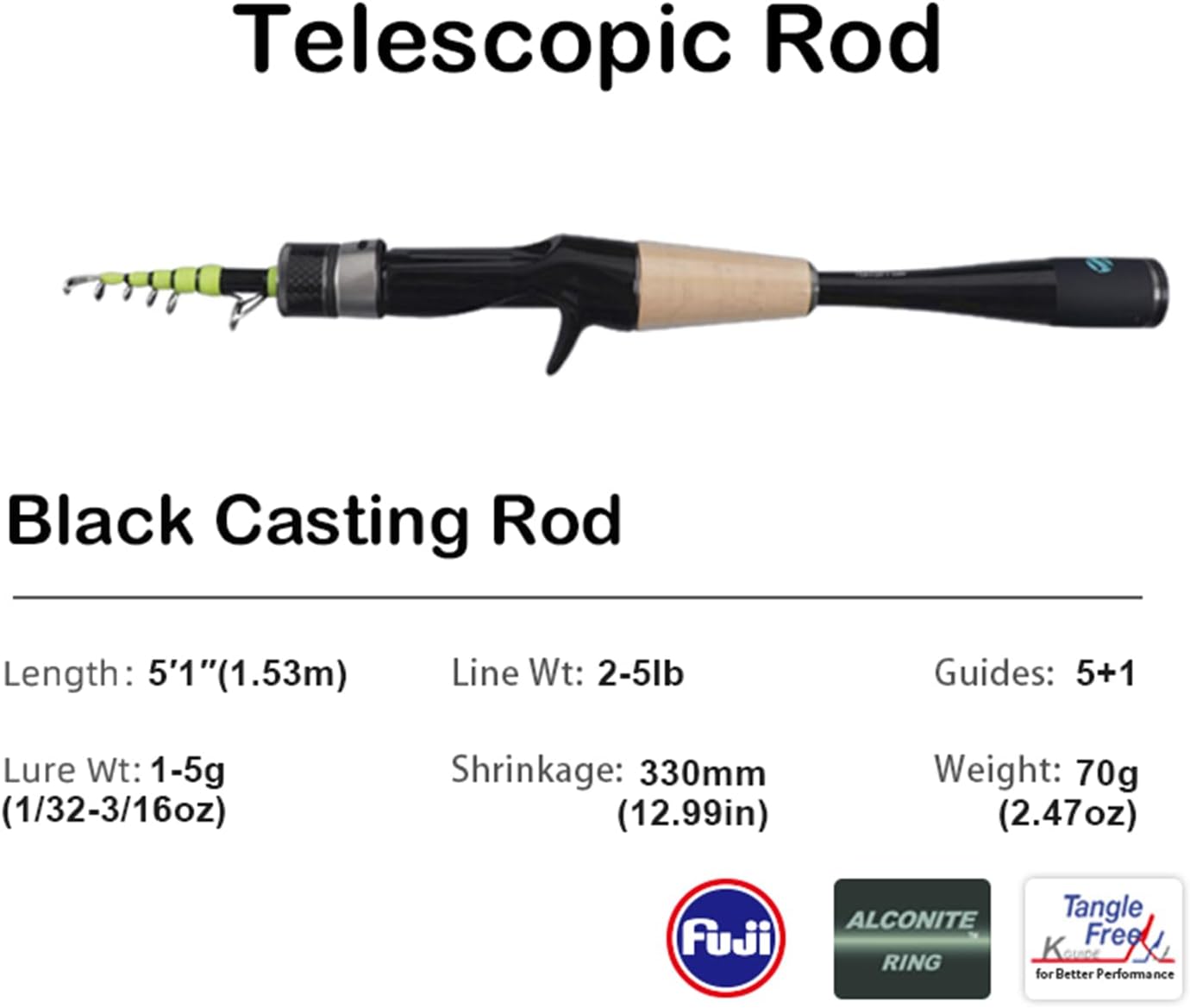 PURELURE Telescopic Fishing Rod Ultralight or Light, Carbon Fiber Rod Spinning & Casting, Fuji Alconite Ring and Reel Seat, One-Piece Mixed Carbon/4A Cork Handle, Spare Solid Tip, Portable Travel Rod