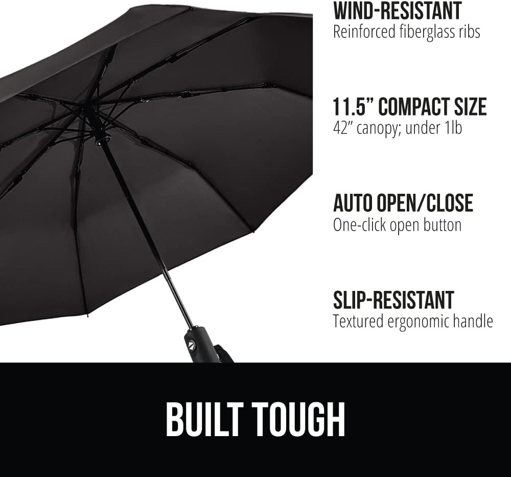 GORILLA GRIP Strong Stick Umbrella for Rain, Compact Travel One-Click Automatic Open Close, Lightweight Portable US Designed Reinforced Fiberglass Ribs, Wind Resistant Easy Collapse Black Navy 2 Pack