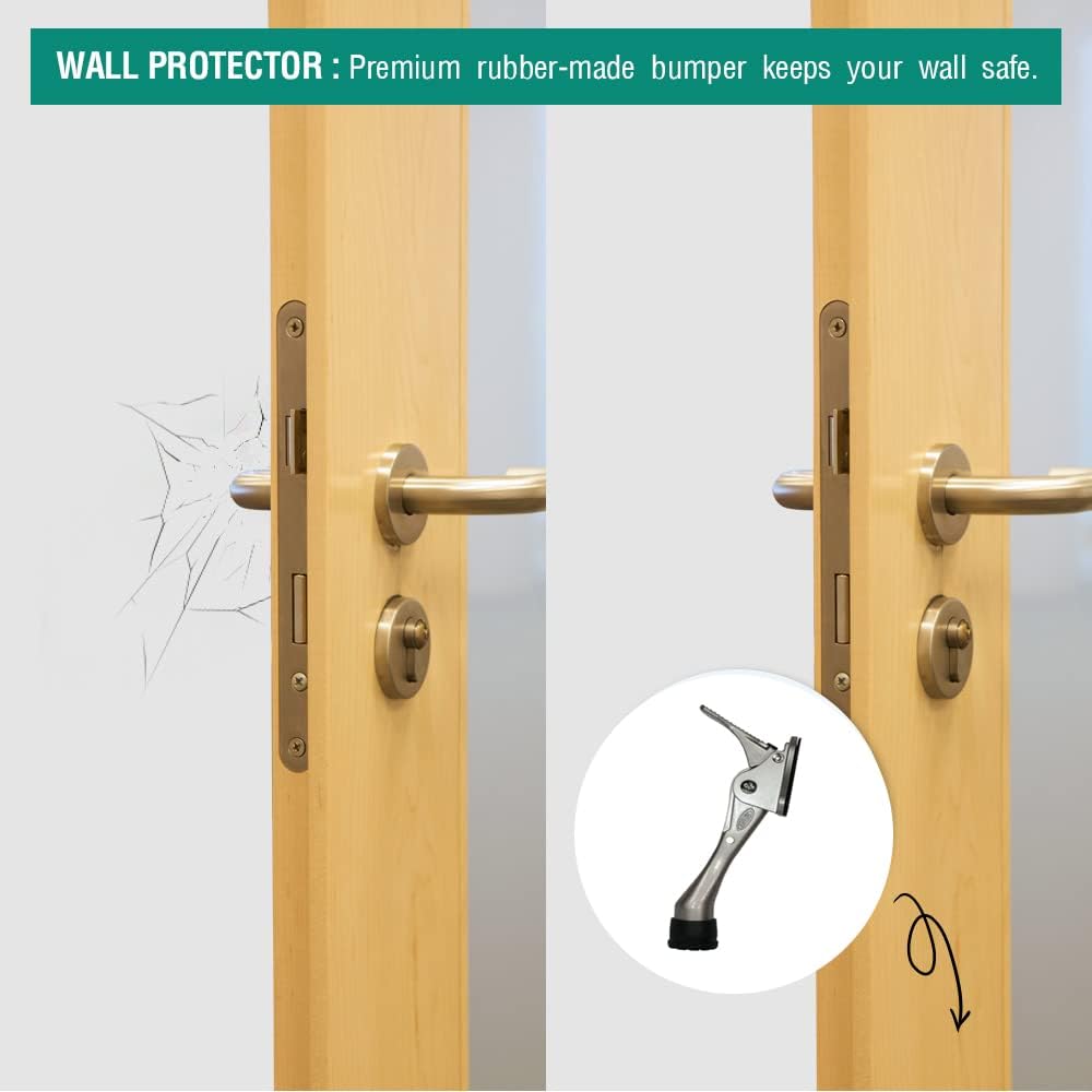 One Touch Kickdown Door Stopper, Door Holder, Heavy Duty Door Stops, Bottom of Door, Height-Adjustable Rubber Tips by HASHI (Chrome 4 inch x 2pack)