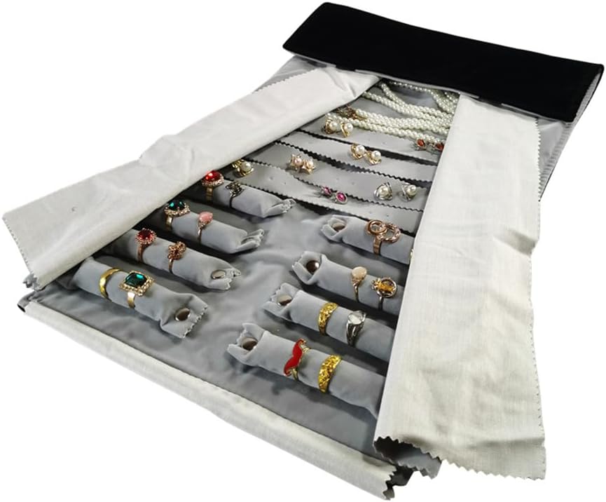 Velvet Travel Jewelry Case Roll Bag Organizer for Necklace Bracelet Earrings Ring (Black) (Black and Grey)