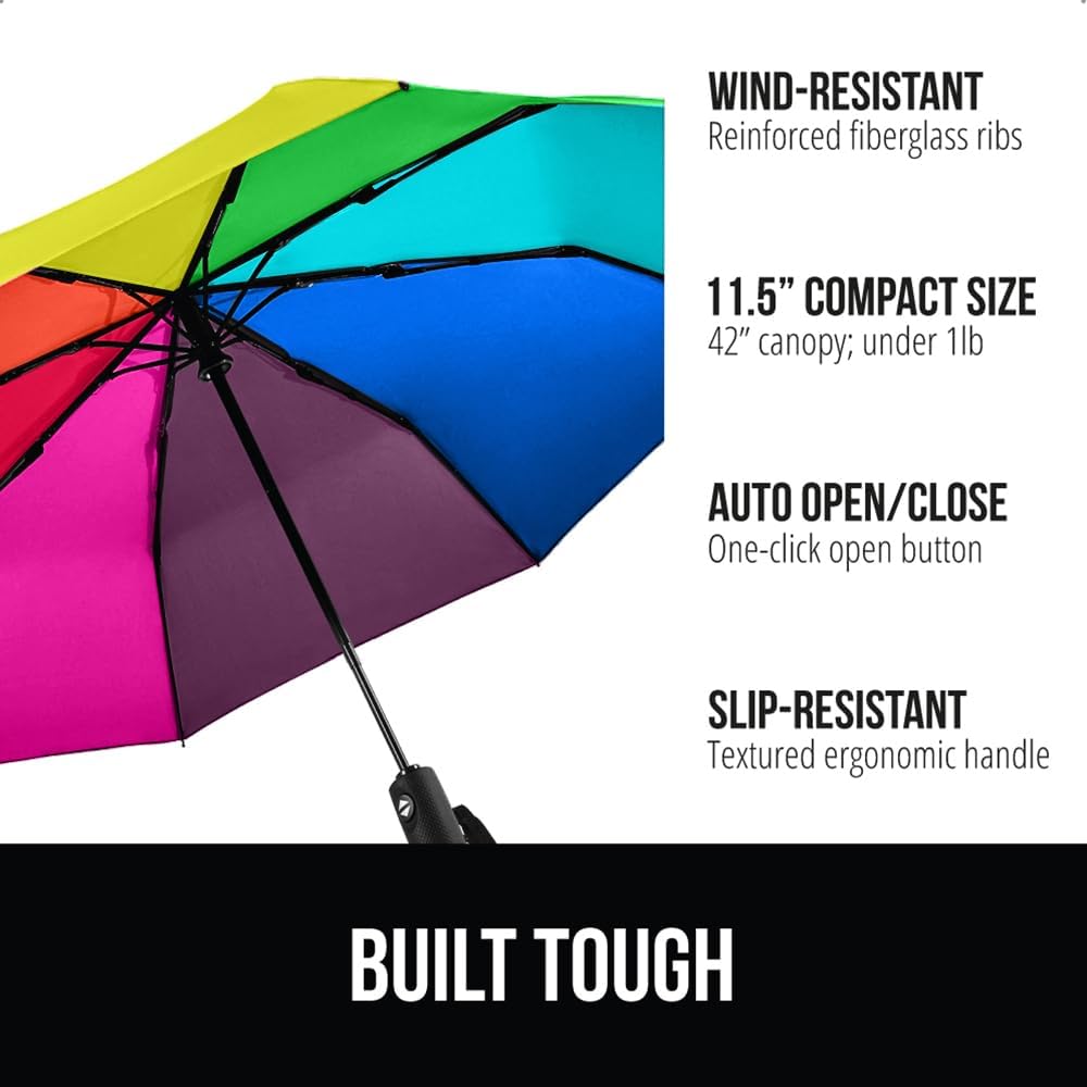GORILLA GRIP Strong Stick Umbrella for Rain, Compact Travel One-Click Automatic Open Close, Lightweight, Portable, US Designed Reinforced Fiberglass Ribs, Wind Resistant, Easy Collapse, Rainbow