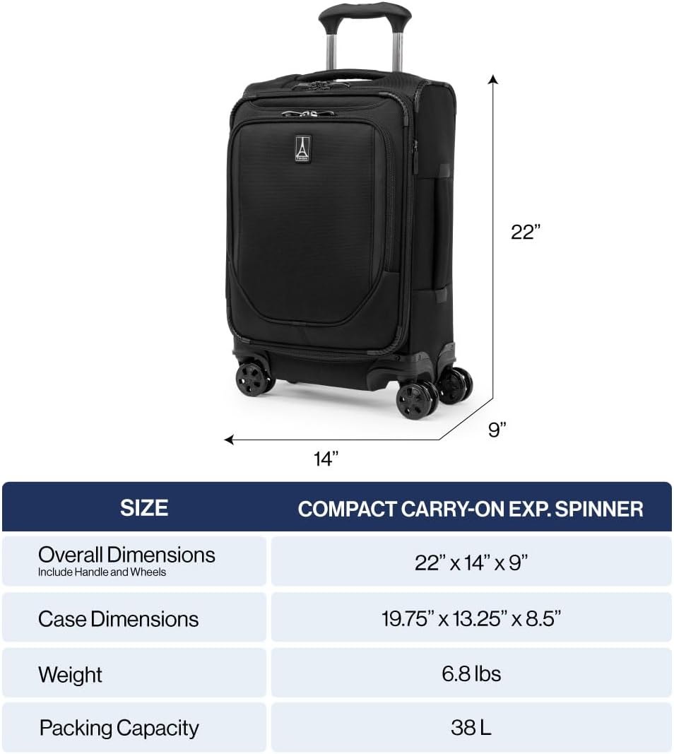 Travelpro Crew Classic Lightweight Softside Expandable Carry on Luggage, 8 Wheel Spinner Suitcase, Men and Women, Compact Carry On 20-Inch, Titanium Grey