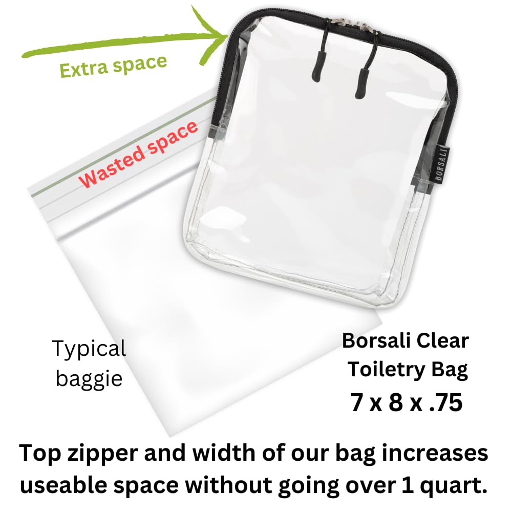 BORSALI TSA Approved Toiletry Bag - Clear Quart Size for 3-1-1 Carry On Travel - Makeup Organizer Cosmetic Pouch with Zipper - Travel Accessories - Light Blue