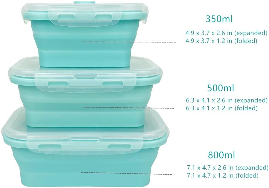 CARTINTS Silicone Collapsible Food Storage Containers-Prep/Storage Bowls with Lids - Set of 3 Square Silicone Lunch Containers - Microwave, Dishwasher and Freezer Safe (blue)