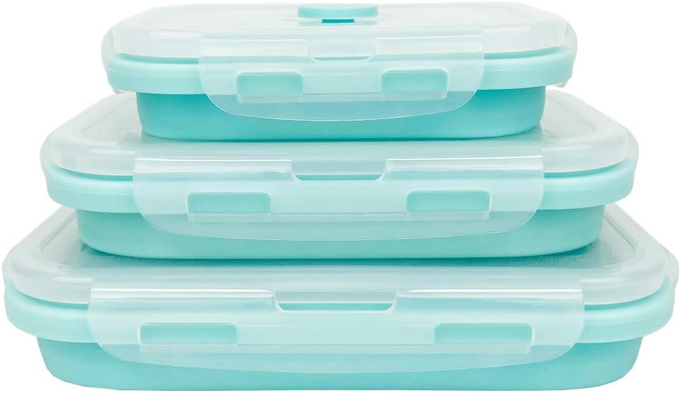 CARTINTS Silicone Collapsible Food Storage Containers-Prep/Storage Bowls with Lids - Set of 3 Square Silicone Lunch Containers - Microwave, Dishwasher and Freezer Safe (blue)