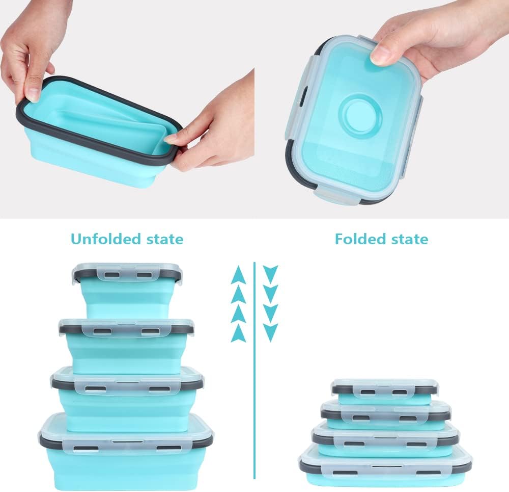 Set of 4 Collapsible Foldable Silicone Food Storage Containers,Ktichen Collapsible Storage Bowls with Airtight Plastic Lids for Leftover, Silicone Lunch Box-Microwave,Dishwasher,Freezer Safe