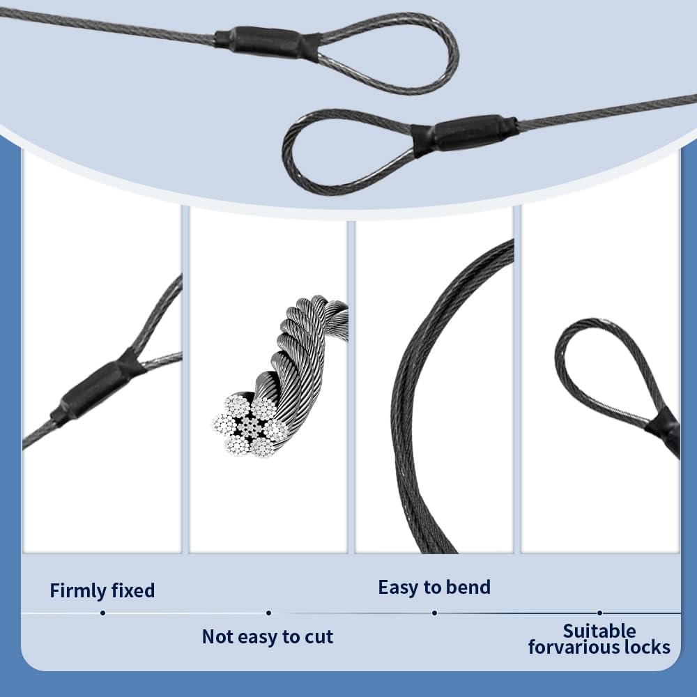 3.3mm Steel Wire Rope Outdoor Travel Security Cable Lock,Braided Steel Coated Safety Cable Luggage Lock,Safety Cable Wire Rope Chain Lock Double Loop Lightweight (Black, 12in/10Pcs)