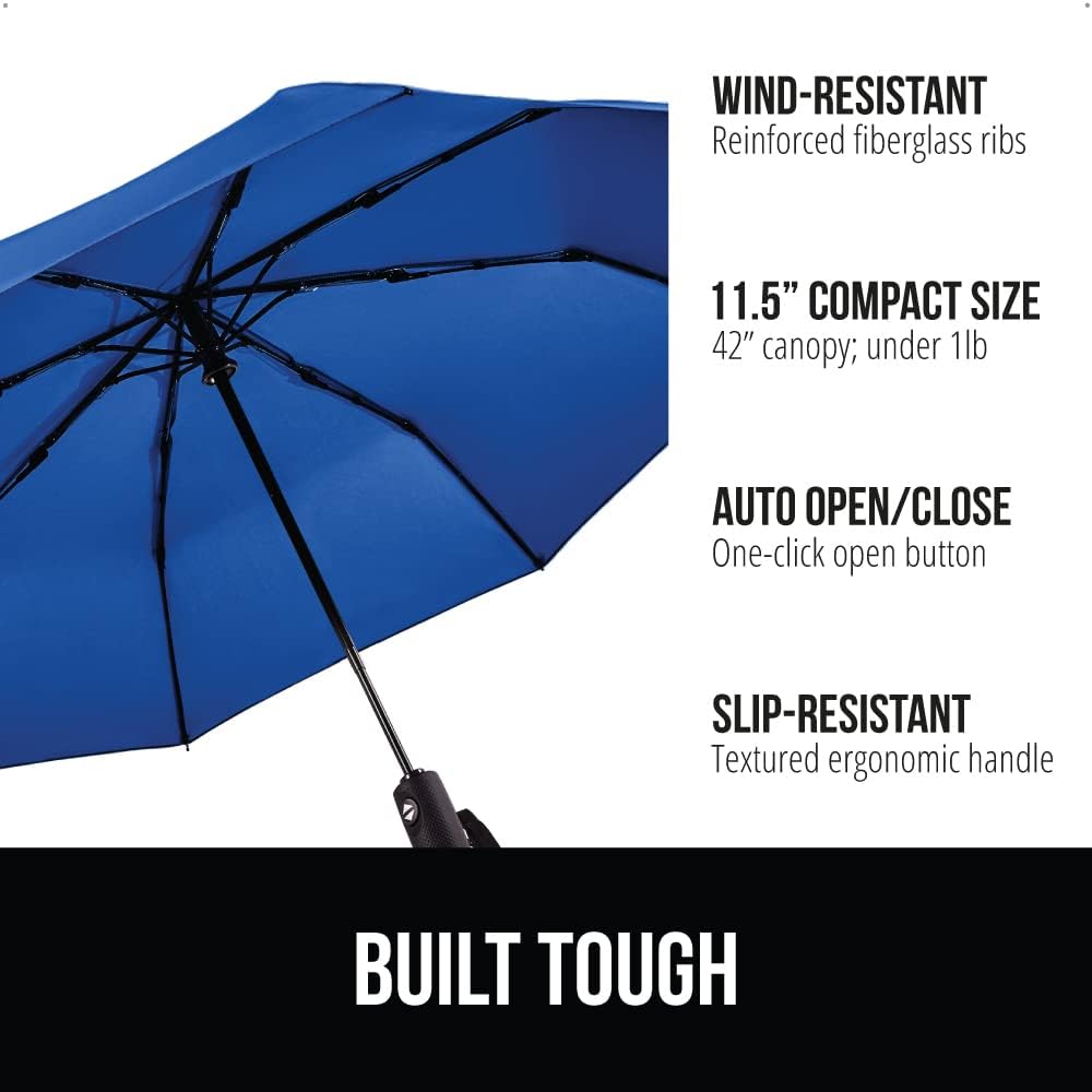 GORILLA GRIP Strong Stick Umbrella for Rain, Compact Travel One-Click Automatic Open Close, Lightweight, Portable, US Designed Reinforced Fiberglass Ribs, Wind Resistant, Easy Collapse, Navy