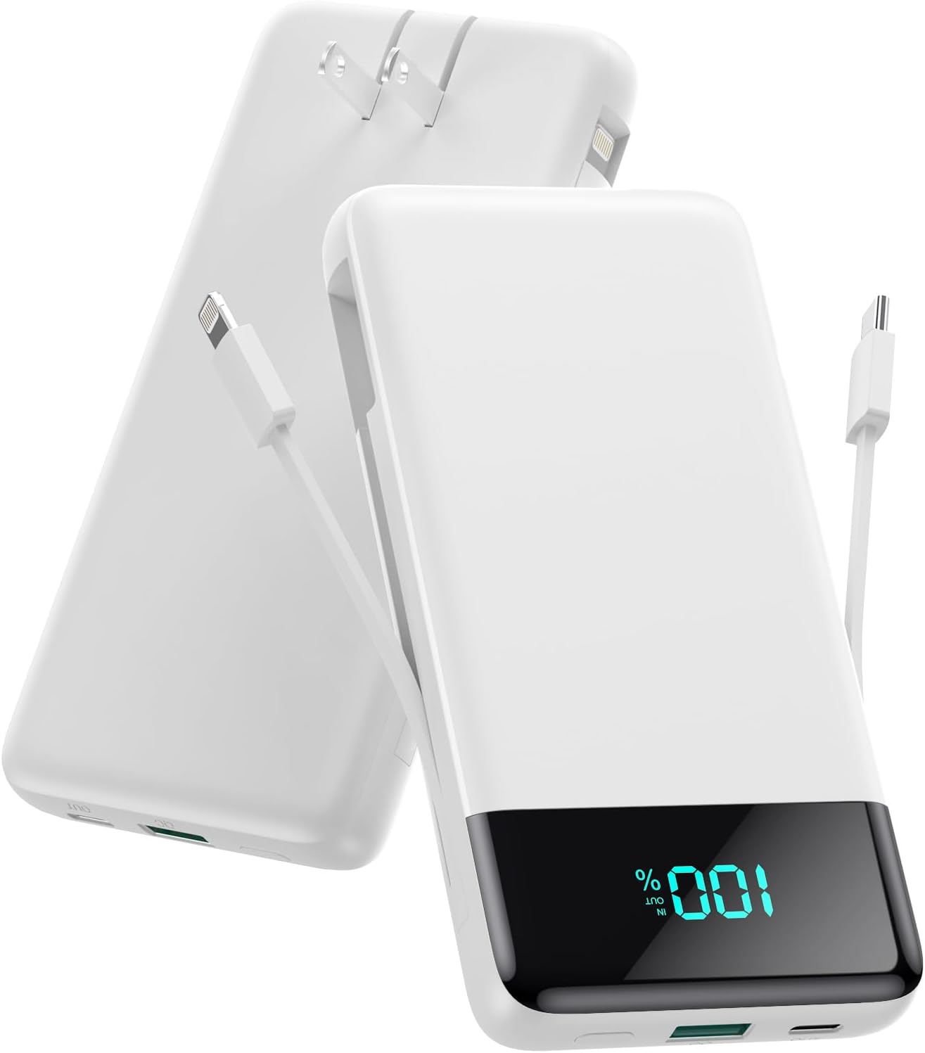 Portable Charger for iPhone with Built in Cables and Wall Plug,Upgraded 13800mAh Fast Charging USB C Power Bank,4 Outputs Travel Essential Battery Pack Compatible with iPhone 15/14/13,Samsung-White