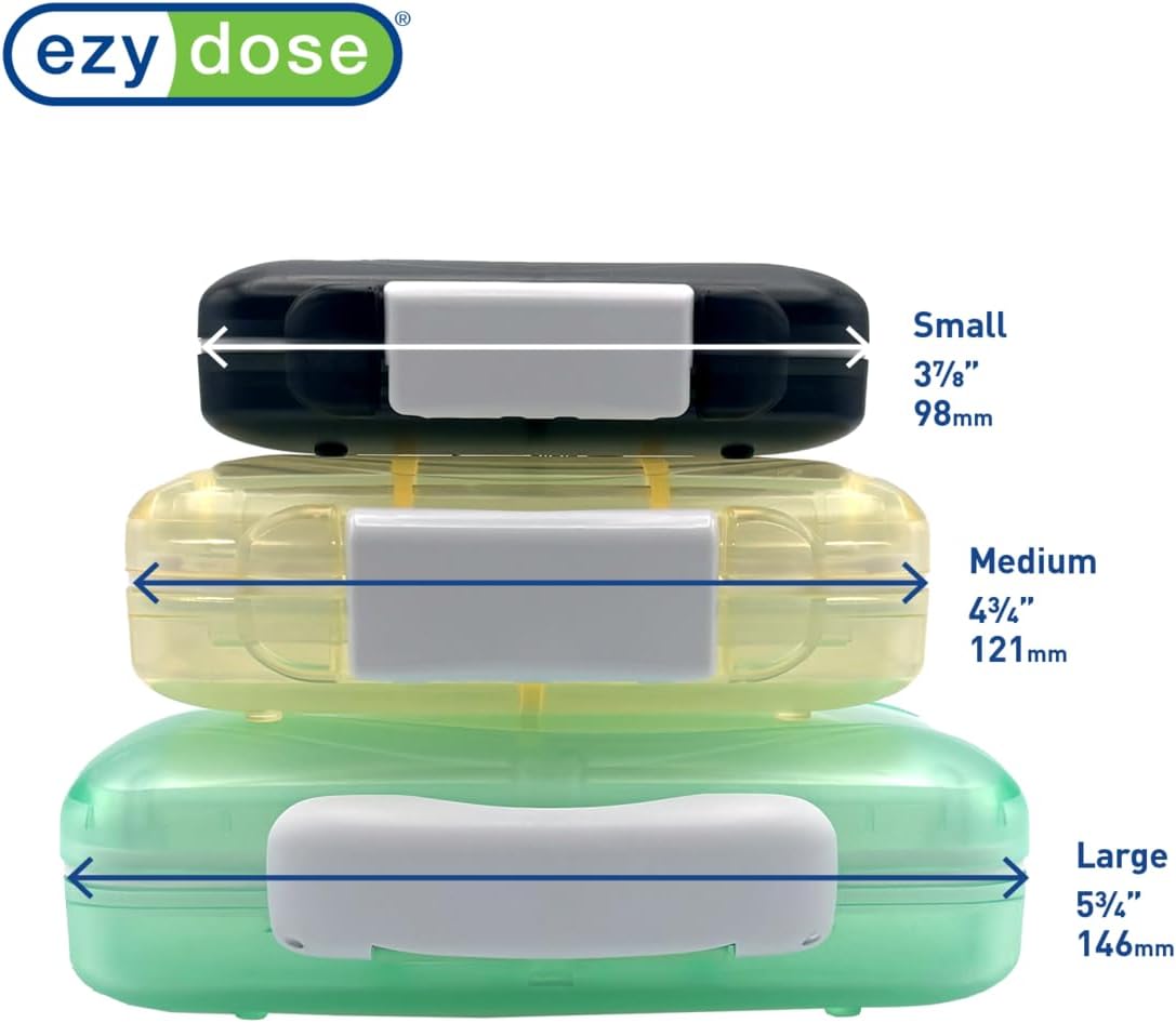 EZY DOSE Moisture-Proof Pill Case, Medicine Planner, Vitamin Organizer Box, Travel-Friendly, Latch-Closure to Secure Contents, 4 Individual Compartments of Multiple Sizes with Tight Seal, Small, Black