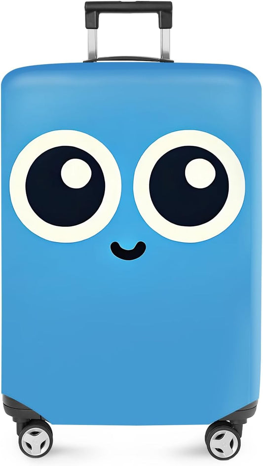 ANNA QUEEN Cute Smiley Face Luggage Cover, Blue Cartoon Suitcase Protector with Big Eyes Design, Stretchable, Washable Travel Cover for 32-34 Inch Luggage