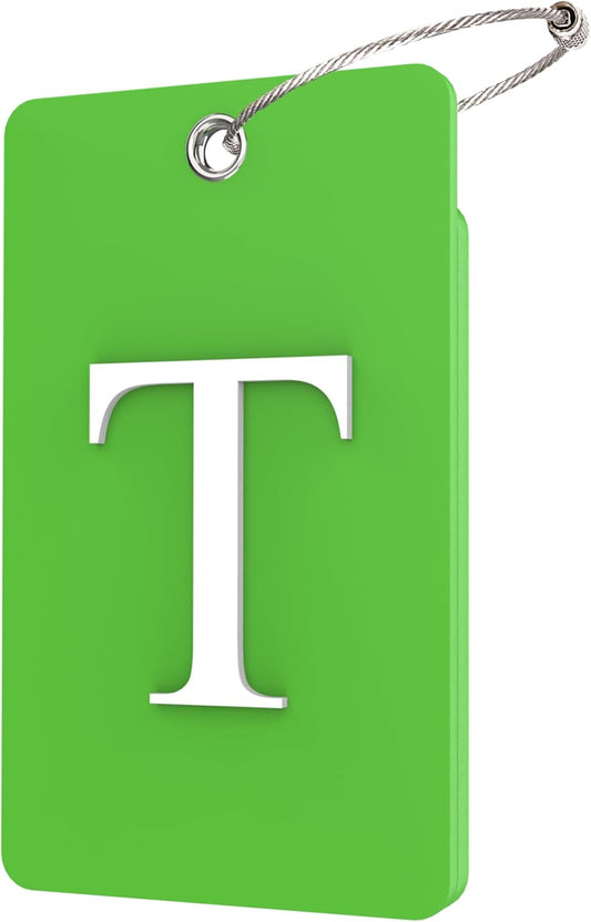Gostwo 2 Pack Luggage Tags for Suitcases, 26 Initial Letter Travel Luggage Baggage Identification Labels ID Tag Fully Bendable Tags with Stainless Steel Loop (Green) (Letter T)