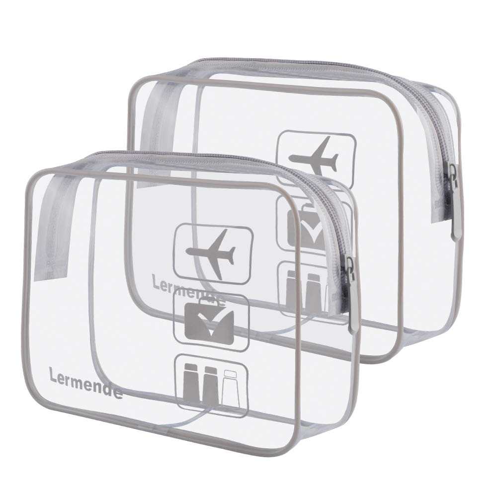 Lermende 2pcs Clear Toiletry Bag TSA Approved Travel Bag,Carry On for Travel,Airport Airline Accessories Compliant Bag,Quart Sized Makeup Cosmetic bag Women Men (Gray, 2 Pack)