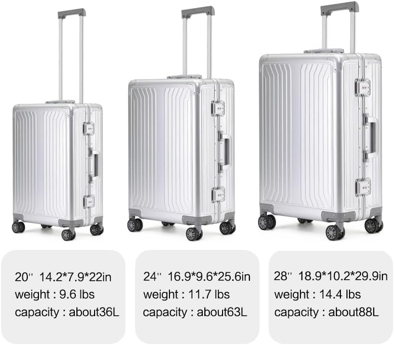 Metal all aluminum carry-on suitcase 20 "hard face, TSA lock and rotating wheel zippered luggage set (blue, 28 '')