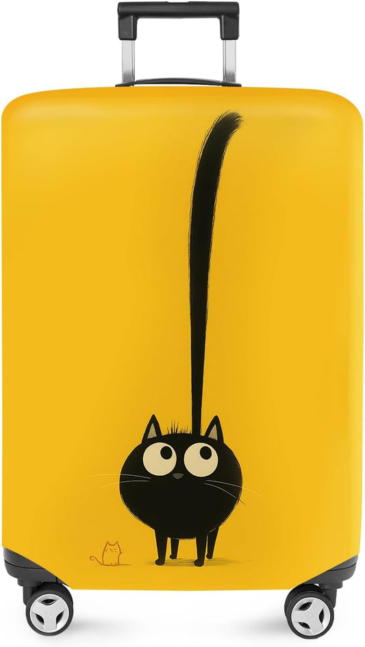 ANNA QUEEN Cute Black Cat Luggage Cover, Whimsical Cat Design with Long Tail, Stretchable, Washable Travel Protector for 32-34 Inch Luggage