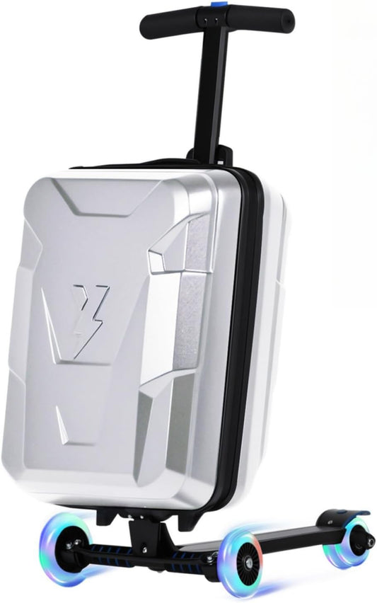 Scooter Suitcase for Kids & Adults, Foldable Carry On Travel Luggage, Hardside Ride on Scooter Suitcase with LED Light up Wheels，Silver