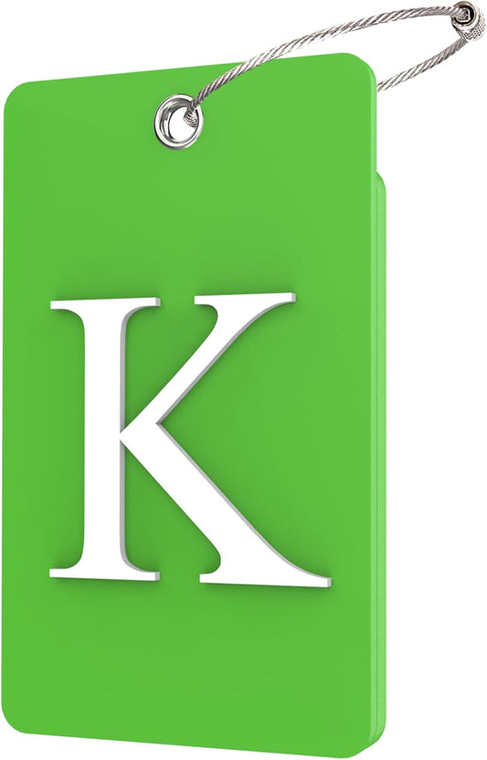 Gostwo 2 Pack Luggage Tags for Suitcases, 26 Initial Letter Travel Luggage Baggage Identification Labels ID Tag Fully Bendable Tags with Stainless Steel Loop (Green) (Letter K)