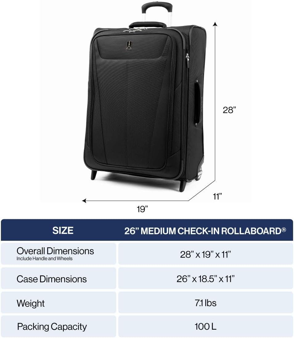 Travelpro Maxlite 5 Softside Expandable Upright 2 Wheel Checked Medium Luggage, Lightweight, 26-Inch — Black