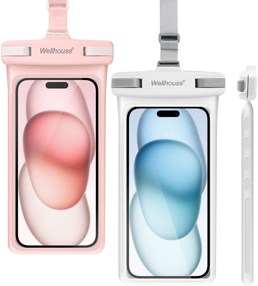 wellhouse Waterproof Phone Pouch, Waterproof Phone Case for iPhone 16 15 14 13 12 Pro Max XS Samsung, IPX8 3D Cellphone Dry Bag Beach Essentials (2 Pack -Pink & White7.0, 7 inch)