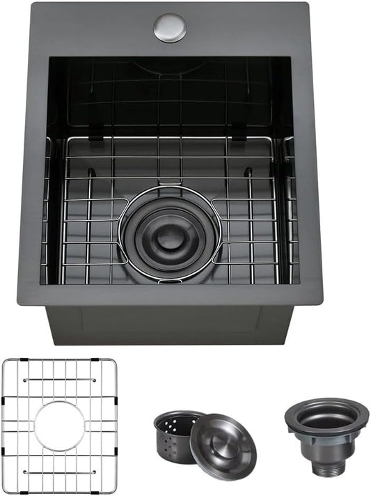 ARTLINE 15 x 17 Inch Black Drop in Bar Sink, Stainless Steel Single Bowl Kitchen Sink, Small Topmount 9 Inch Deep Wet Bar sink for Outdoor Prep RV Yard Laundry Utility with Dish Grid & Drain