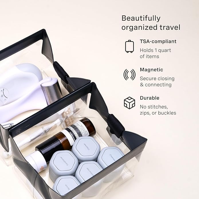 Cadence Parcel - Clear Kit with Magnetic Closure - Durable and Leak-Resistant Travel Toiletry Kit - TSA-Compliant & Modular Design - Hygiene Bag for Travel Essentials - .5 Qt - Ink