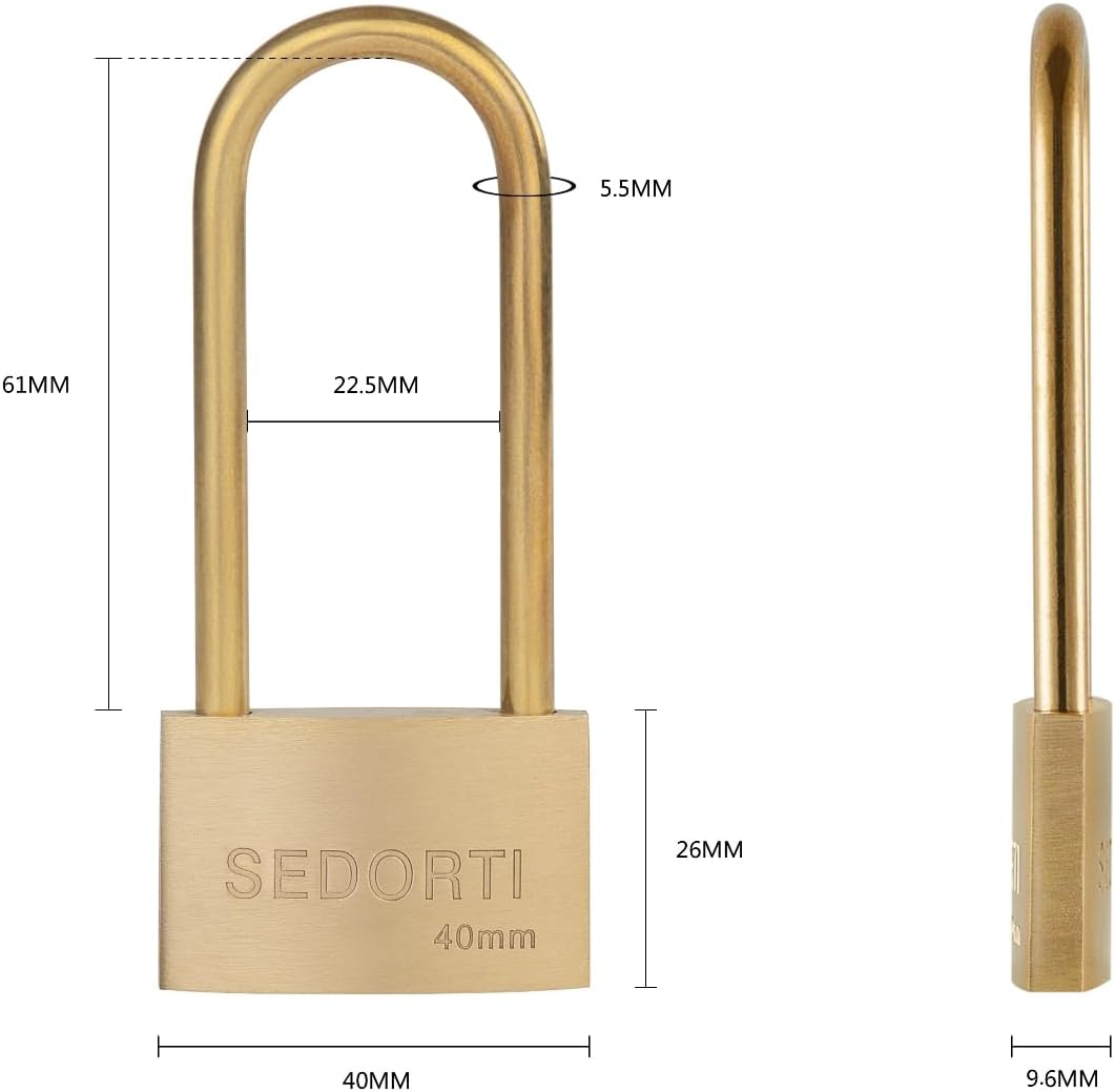 Weather Proof Lock, Solid Brass Padlock with Brass Long Shackle, 1-1/2" Wide, Light Duty Small Marine Grade Padlock