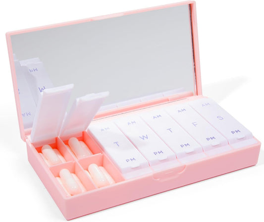 PORT X POLISH Designer Weekly Pill Box Organizer (AM/PM 2X Daily, Blush Pink) | Compact, Stylish 7-Day Vitamin Supplement Case | Cute Portable Mini Travel Medicine Carrier | BPA-Free Pillbox Caddy