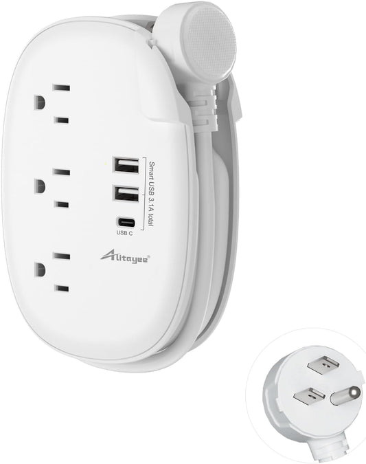 Alitayee USB C Travel Power Strip,Portable Power Strip with 3 Outlets 3 USB Ports Fast Charge, USB Extension Cord with Flat Plug and 4ft Wrapped Around Extension Cord for Cruise Travel Home Office