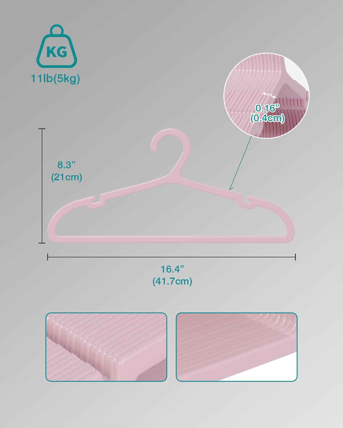 50 Pack Clothes Hangers, Non Slip Plastic Coat Hangers, Space Saving Hangers, Heavy Duty, Hanging Dry Wet Clothes, 16.4" x 8.3", Light Pink, UAPY0550P