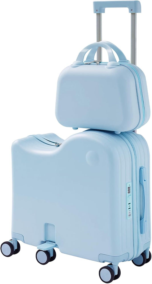 TABU Ride-on Luggage with Handbag for Kids，Hardshell Carry On Suitcase with Hidden Cup Holder, Foldable Pedal,Type-C & USB Interface, TSA Lock, 6-Spinner Wheels, Blue