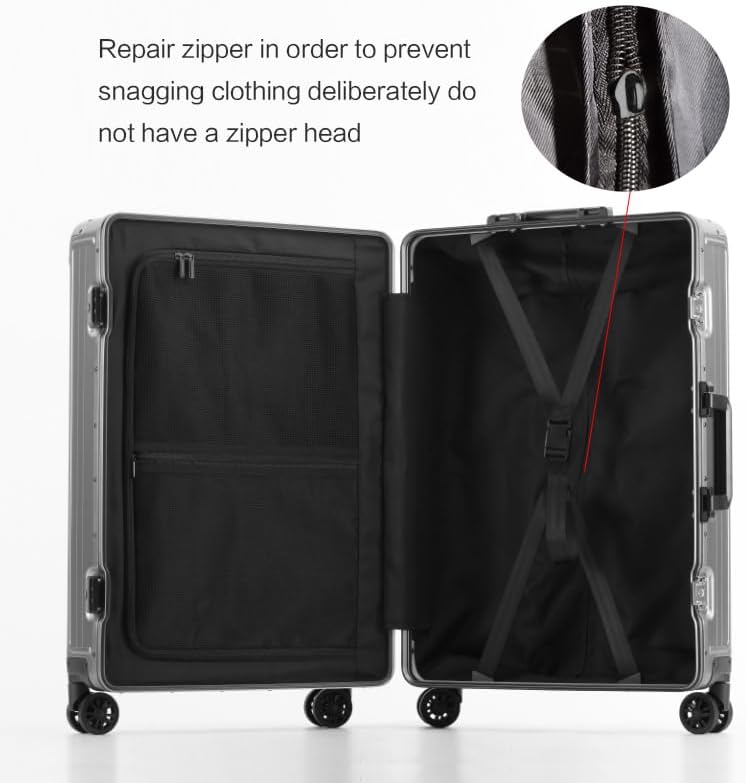 Metal all aluminum carry-on suitcase 20 "hard face, TSA lock and rotating wheel zippered luggage set (black, 2Piece(20/28))
