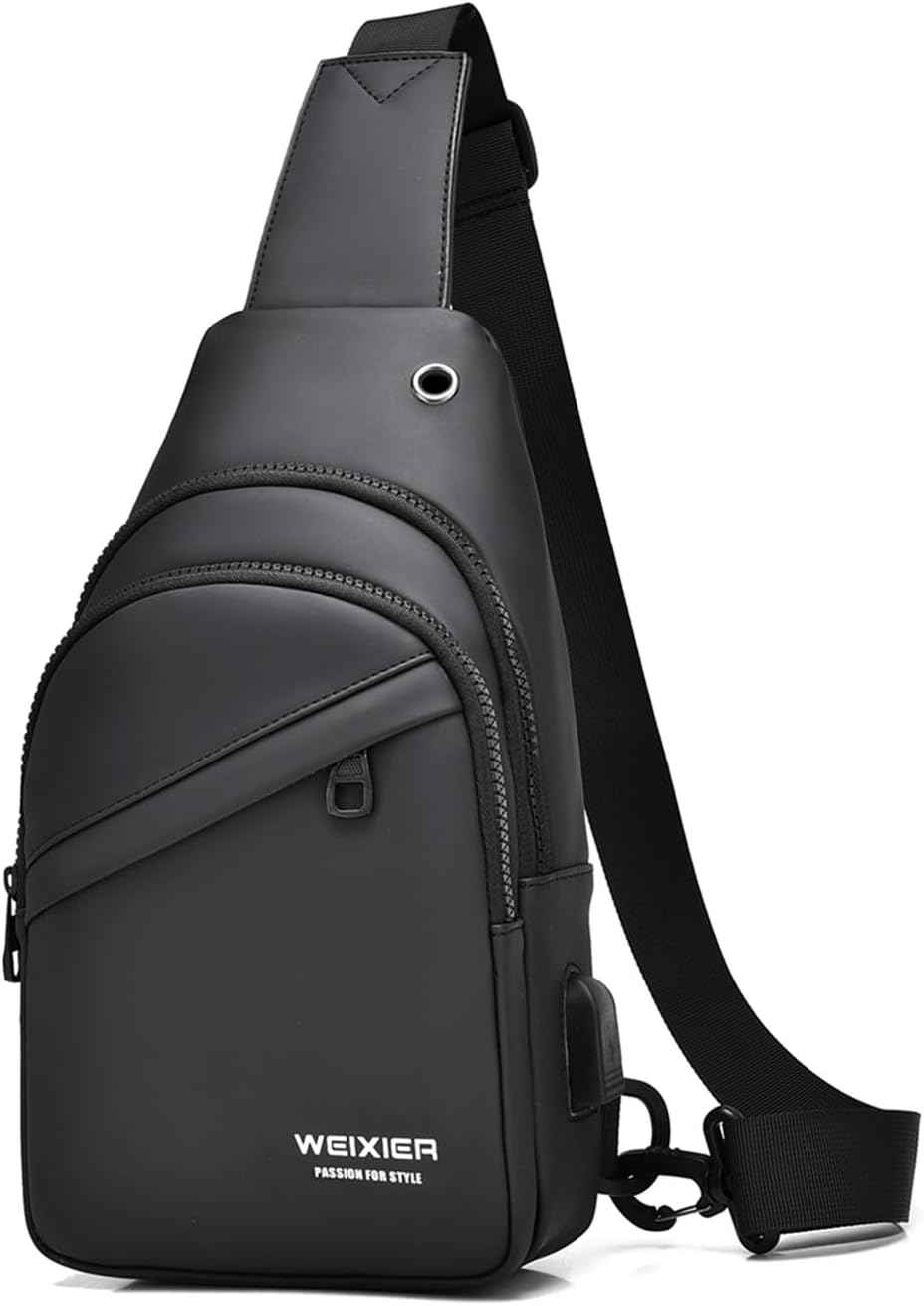 Waterproof Sling Bags Mens Shoulder Crossbody Backpack with USB Charging Port& Headphone,Outdoor Lightweight Bag