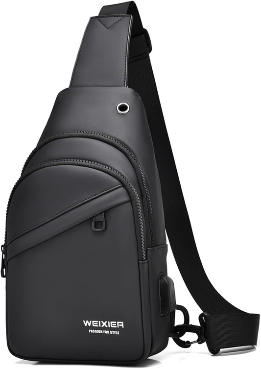 Waterproof Sling Bags Mens Shoulder Crossbody Backpack with USB Charging Port& Headphone,Outdoor Lightweight Bag