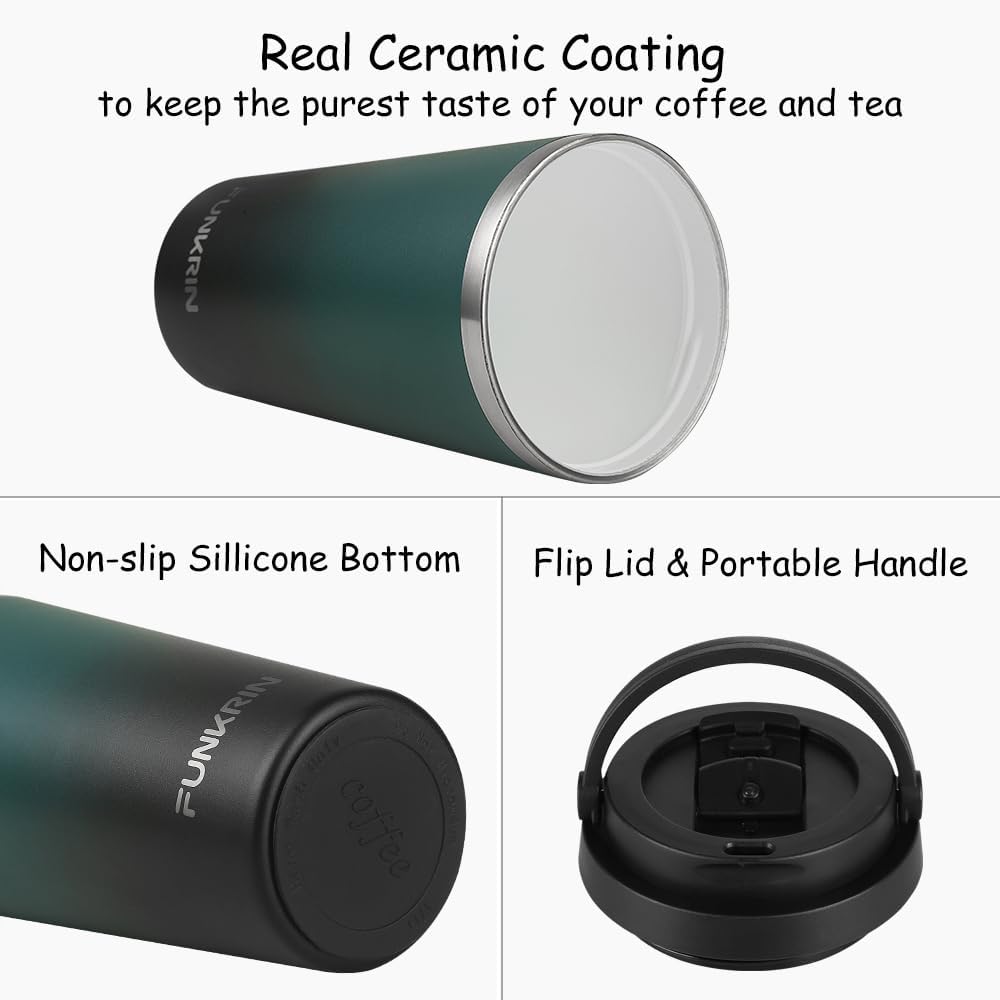 Funkrin Insulated Coffee Mug with Ceramic Coating, 16oz Iced Coffee Tumbler Cup with Flip Lid and Handle, Double Wall Vacuum Leak-Proof Travel Mug for Office School Party Camping