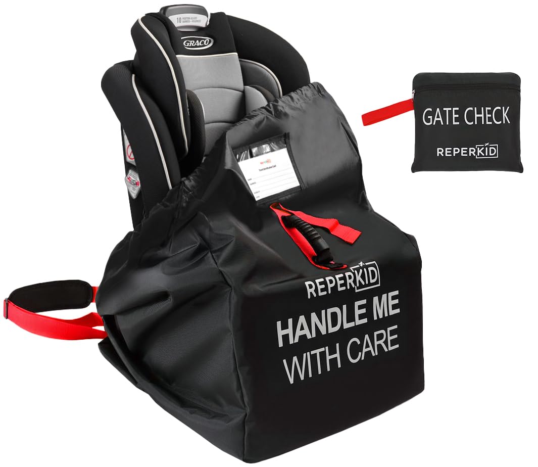 reperkid Car Seat Travel Bag for Airplane, Black and Green, 33" H x 18" W x 18" D, Fits Most Convertible, Booster and Infant Car Seats – Premium Waterproof Cover, Adjustable Shoulder Strap