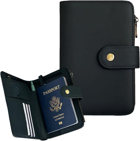 Full Grain Leather Passport Wallet, RFID Blocking Passport Holder with AirTag Slot, Multi Compartment Travel Wallet for Women & Men, Secure Passport Cover Case for Airport Essentials (Black)