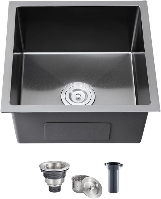 Black 18 inch Undermount Kitchen Sink - TSIBOMU 18 Gauge Stainless Steel 9" Deep Single Bowl Basin Undermount Kitchen Bar Sink, D18"xW18"xH9"