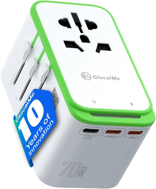 GlocalMe RoamPlug Universal Travel Adapter with 4G WiFi Mobile Hotspot and US 1GB Data, All-in-One International Power Plug Adapter, 4 USB Ports and Max 70W Output for EU UK AUS