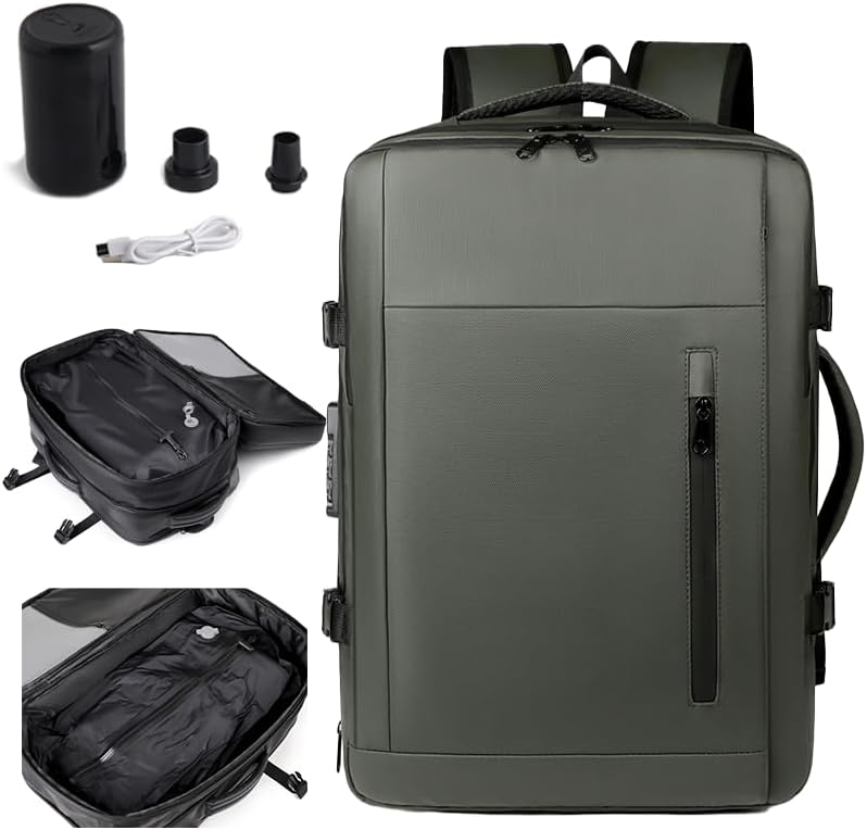 Vacuum-sealed travel computer backpack, Water-Resistant, With vacuum pump, Multiple Compartments, Anti-theft combination lock (Green)