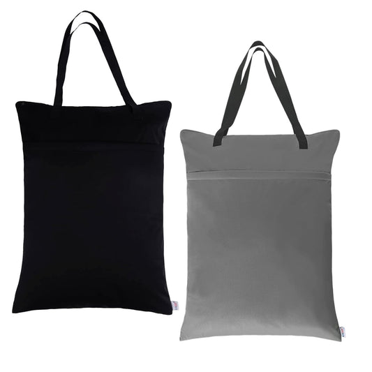 ALVABABY 2 Pack Large Wet Dry Bag Waterproof Hanging Cloth Diaper with Double Zippered Pockets 25x18 inches (Black and grey)