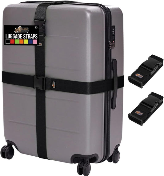 GORILLA GRIP Heavy Duty Adjustable Luggage Straps for Suitcases, Easy to Identify Travel Belt Connector Holds Suitcase Together, Extends Life of Bag, Strap Connects Two Bags, Accessories 2 Pack Black