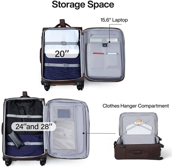 Hanke 20 Inch Softside Expandable Carry On Luggage with Spinner Wheels, Rolling Suitcase Travel Luggage with TSA Approved Luggage,Coffee