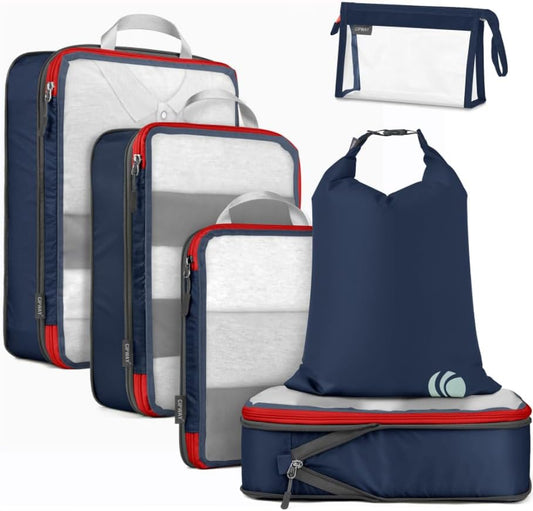 Cipway Compression Packing Cubes, See Through Mesh Luggage Organizer Bags, Travel Essentials for Carry on Suitcase with Laundry Bag and Clear Toiletries Bag（6 Pcs,Blue）