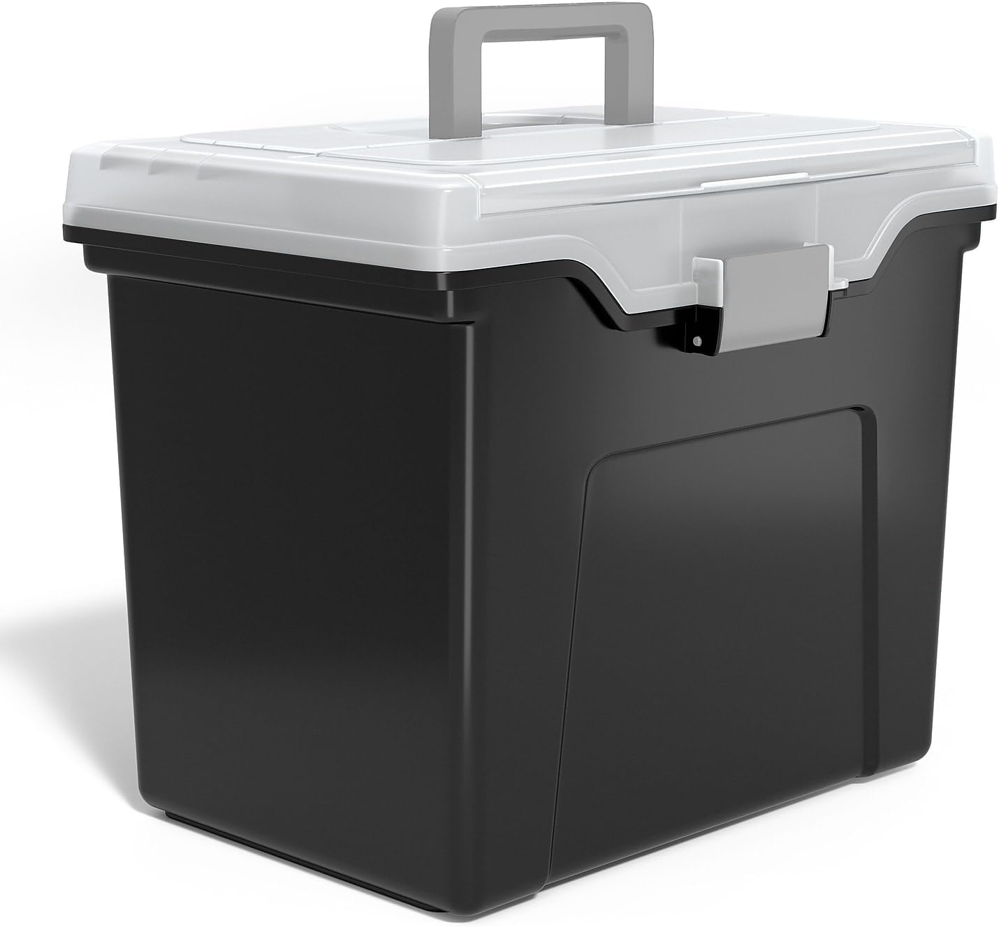 STAPLES File Folder Tote, Portable Filing Box, Letter Size Hanging Folders, Security Latch & Built-In Lid Organizer, Black/Clear