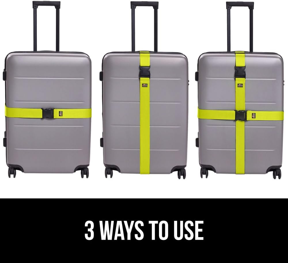 GORILLA GRIP Heavy Duty Adjustable Luggage Straps for Suitcases, Easy to Identify Travel Belt Connector Holds Suitcase Together, Extends Life of Bag, Strap Connects Two Bags, Accessories 2 Pack Yellow