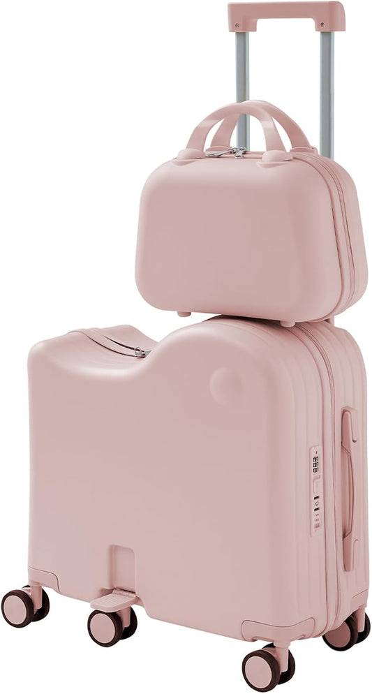 TABU Ride-on Luggage with Handbag for Kids，Hardshell Carry On Suitcase with Hidden Cup Holder, Foldable Pedal,Type-C & USB Interface, TSA Lock, 6-Spinner Wheels, Pink