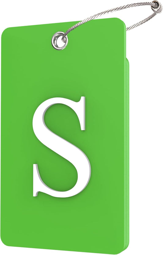 Gostwo 2 Pack Luggage Tags for Suitcases, 26 Initial Letter Travel Luggage Baggage Identification Labels ID Tag Fully Bendable Tags with Stainless Steel Loop (Green) (Letter S)