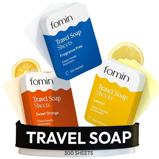 FOMIN - Antibacterial Paper Soap Sheets Tin for Traveling - (300 Sheets) Variety Pack (Unscented, Orange, Lemon) Portable Travel Hand Soap Sheet, Dissolvable Mini Camping Hand Soap for Hand Washing
